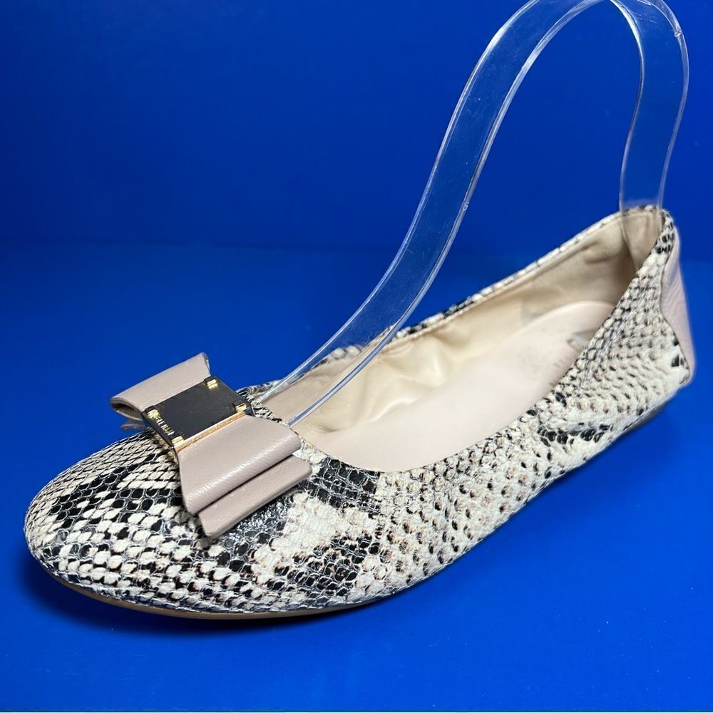 Cole Haan Tali Bow Snake Print Leather Ballet Flats Natural Roccia Womens 6B